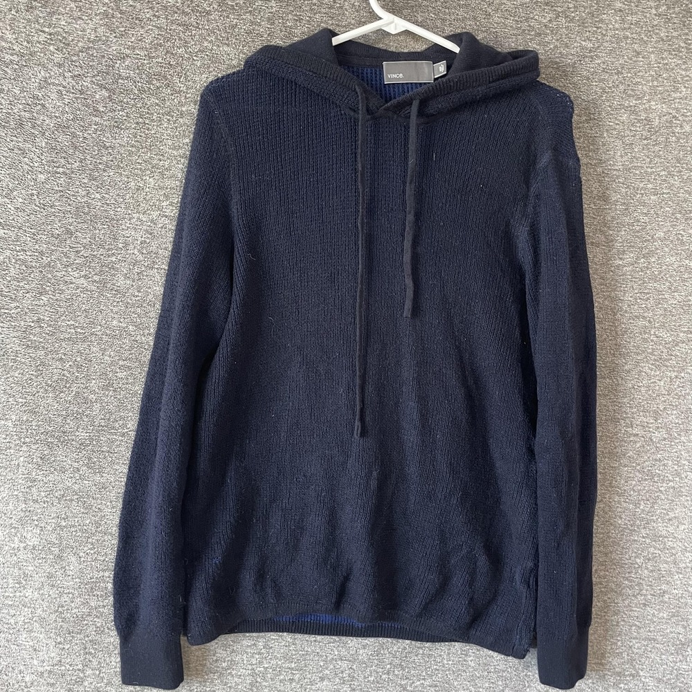 Vince Sweater‎ Mens Medium Blue 100% Wool Hooded Knit Pullover Hoodie Casual